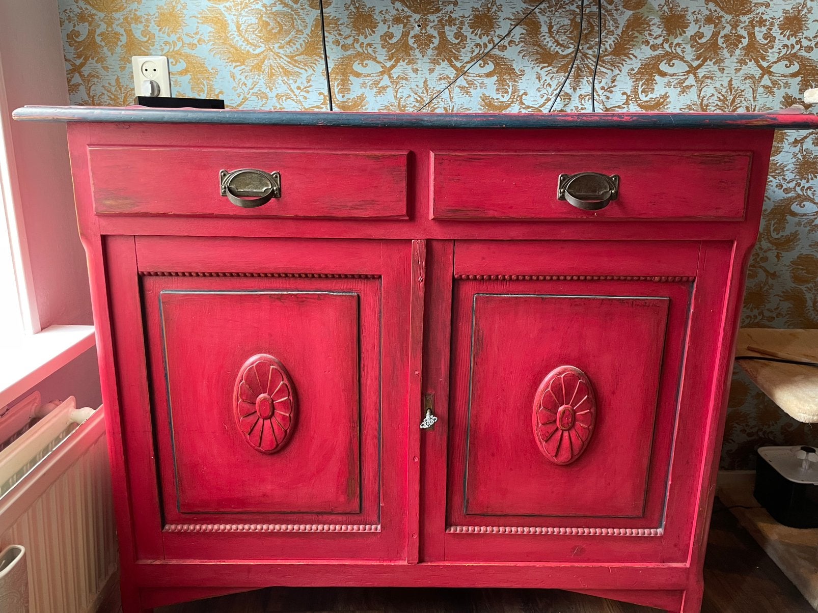 Unieke Vintage Bohemian Dressoir 💙🌺, Huis en Inrichting, Gebruikt, Met deur(en), Bohemian, 50 tot 100 cm