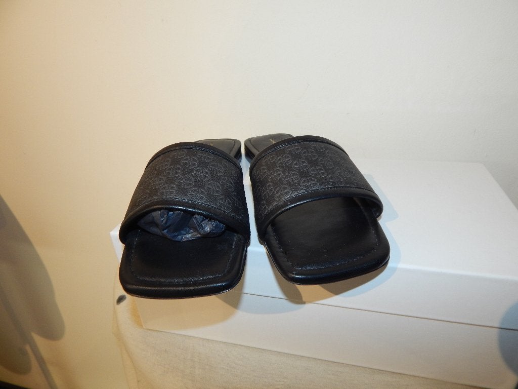 Anine Bing leren slippers brede band merk monogram print37, Zwart, Nieuw, Anine Bing, Sandalen of Muiltjes