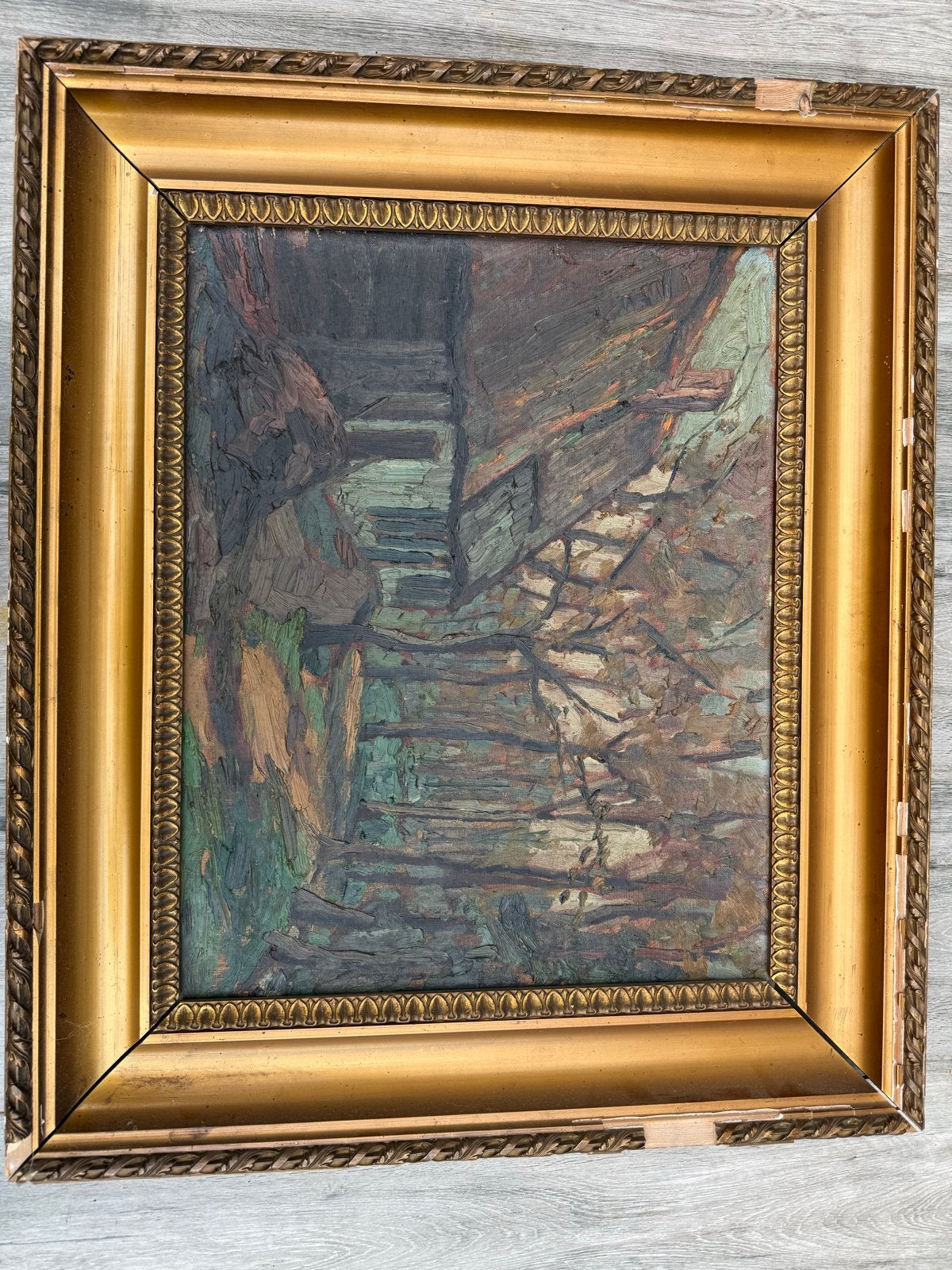 Schilderij 'Huis in bos' - Olieverf op doek, Antiek en Kunst, Doek, Expressionistisch, Ophalen of Verzenden, Landschap