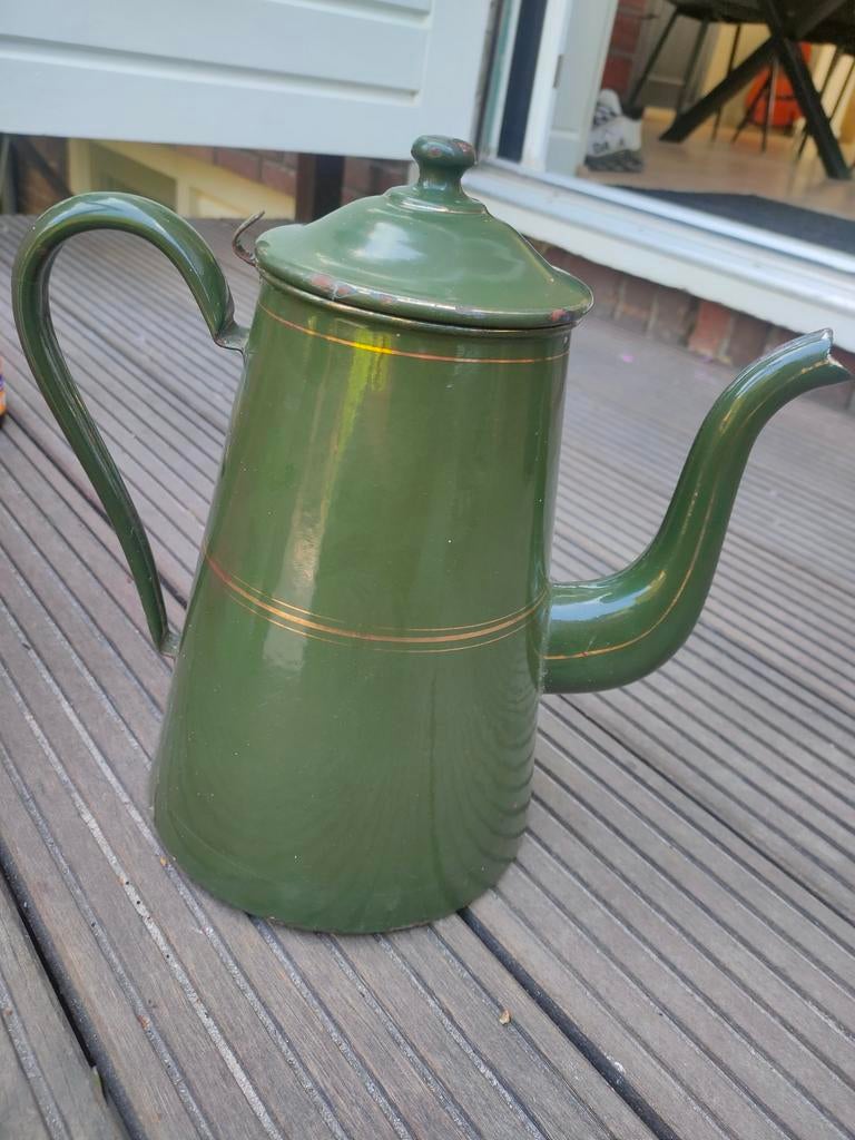 Antieke Groene Emaille Koffiepot met Gouden Randen, Antiek en Kunst, Antiek | Emaille, Ophalen of Verzenden