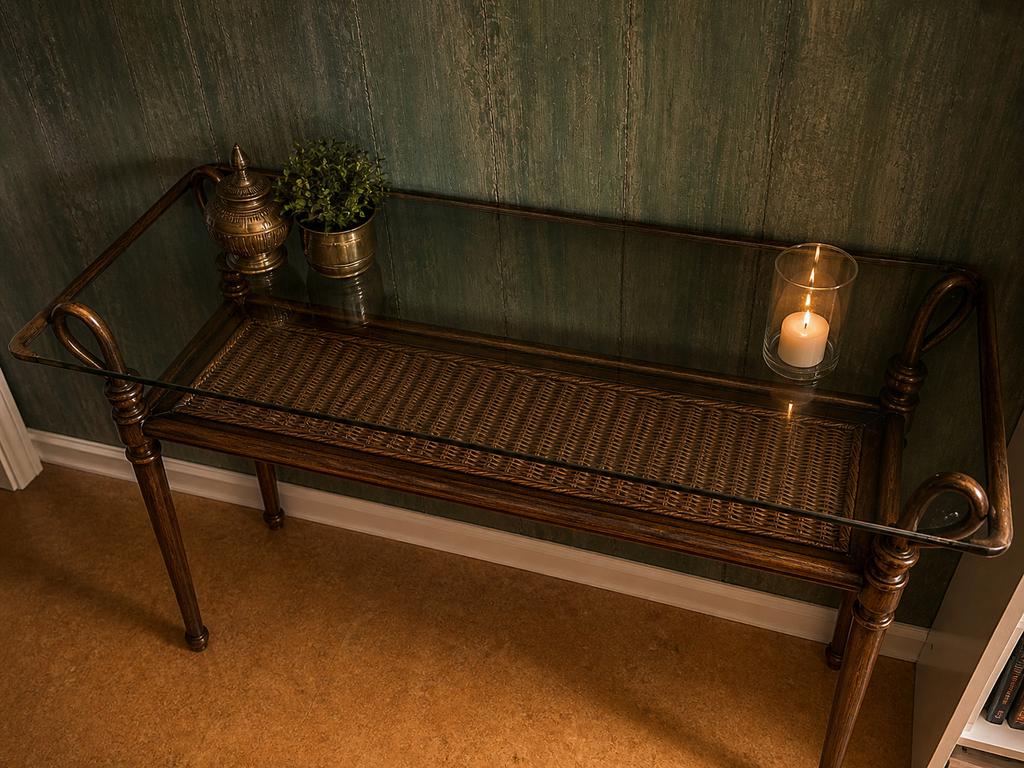 Glazen sidetable met rotan details, Huis en Inrichting, Tafels | Bijzettafels, Ophalen, Gebruikt, Glas, 75 cm of meer
