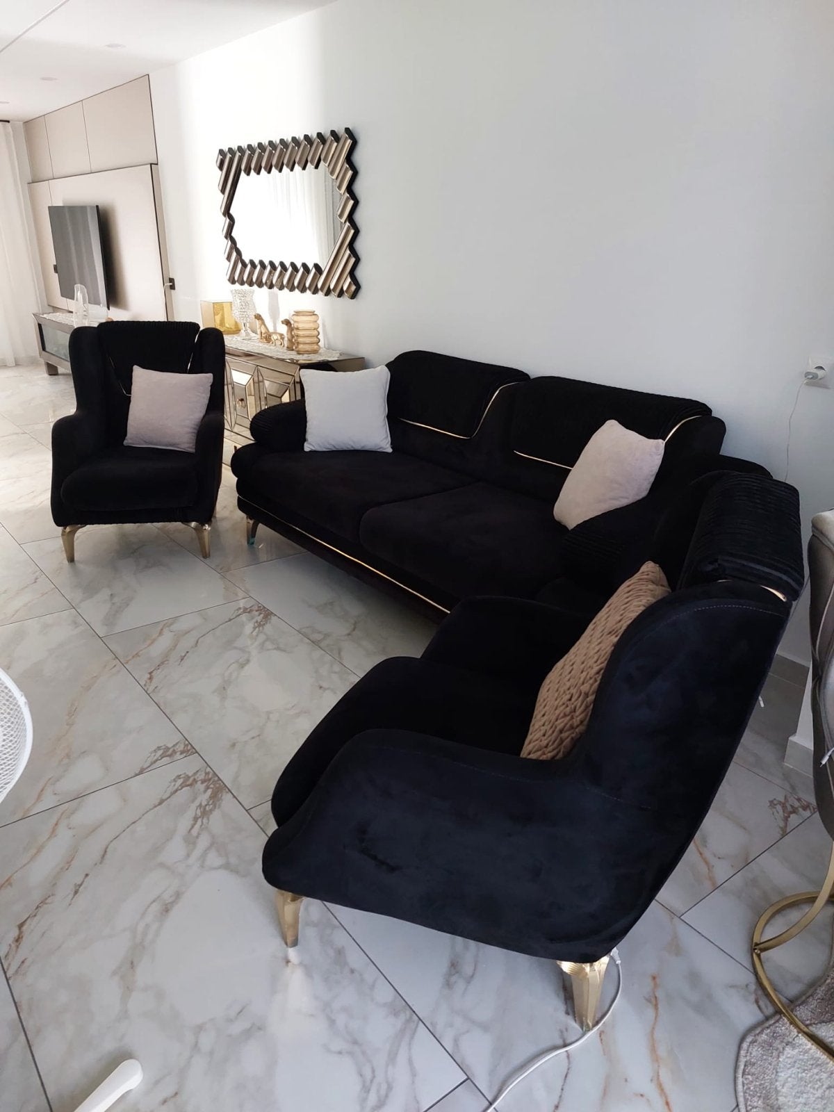 Luxe Zwarte Bankstel met Twee Fauteuils, 75 tot 100 cm, Ophalen of Verzenden, Zo goed als nieuw, Rechte bank