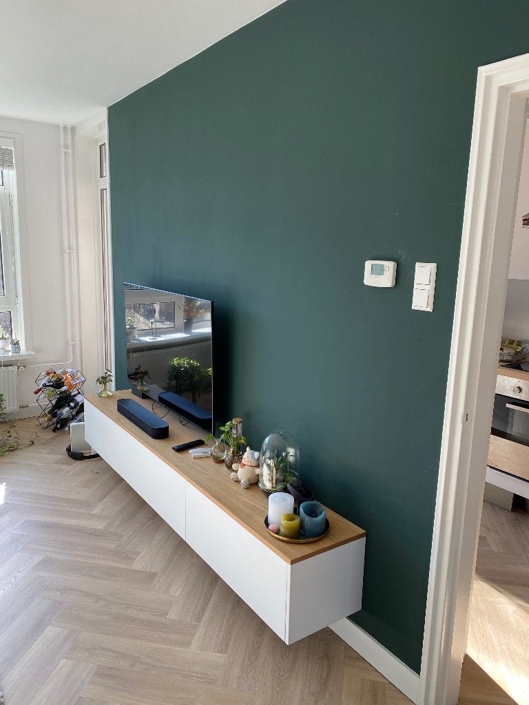 Modern zwevend tv-meubel – wit/eiken – in nette staat, Ophalen, Gebruikt, Eikenhout, 200 cm of meer