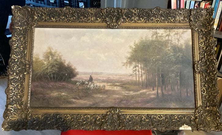 Oud schilderij: Herder met schapen op de heide, Antiek en Kunst, Kunst | Schilderijen | Klassiek, Ophalen of Verzenden