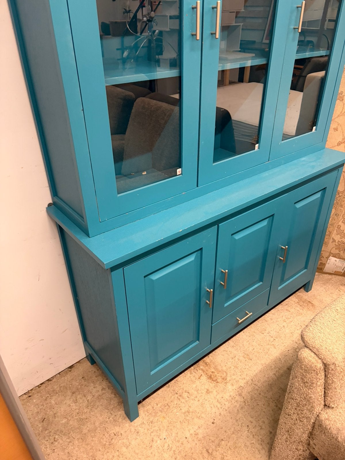 Blauwe winkelkast / vitrinekast, Huis en Inrichting, Kasten | Vitrinekasten, Ophalen, ., 50 tot 100 cm, .