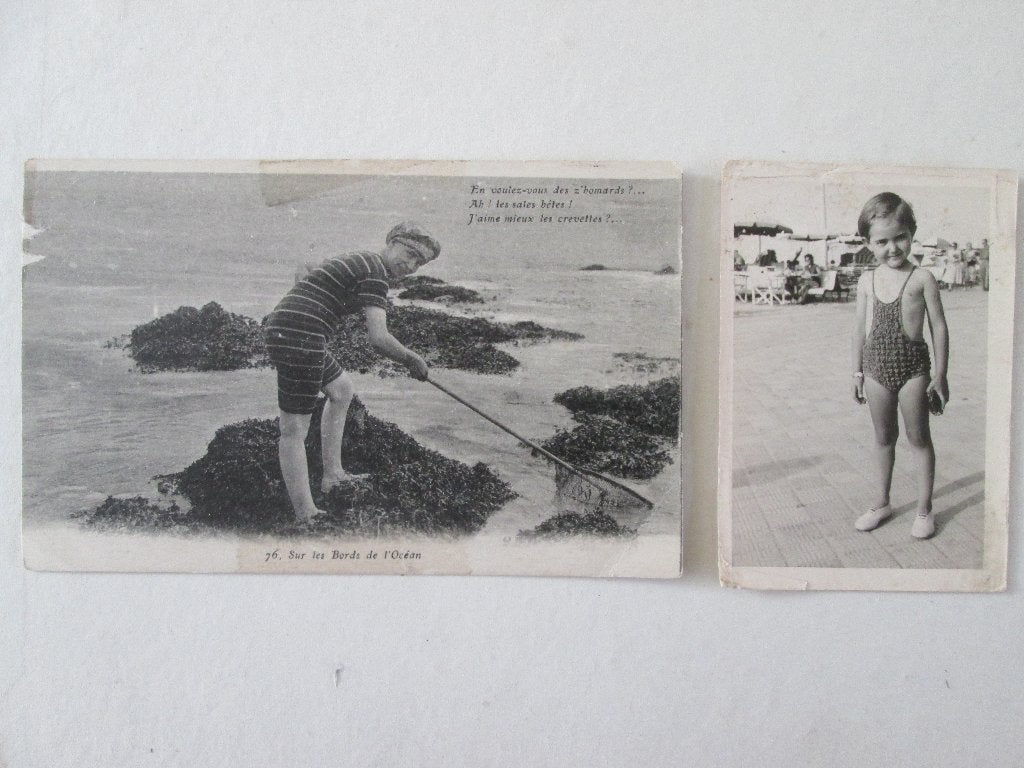 2x zwempak visser vissen kind badpak strand kust, Ophalen of Verzenden, 1920 tot 1940, Ongelopen, Overige thema's
