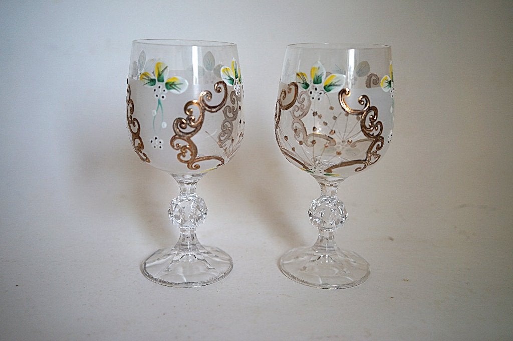 vintage 2x wijnglas sklo bohemia kristal decor goud emaille, Verzamelen, Ophalen of Verzenden, Zo goed als nieuw, Overige typen