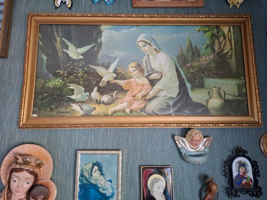 Oud schilderij Maria met kindje Jezus en duiven, Antiek en Kunst, Antiek | Religie, Ophalen