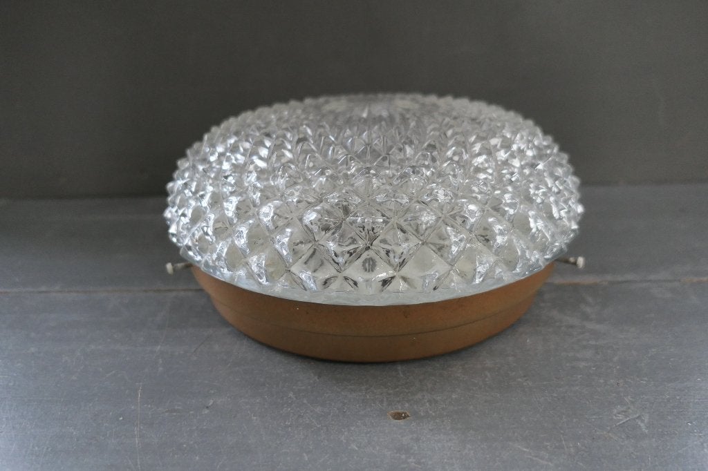 Vintage Massive Plafonnière Diamantpunt (Jaren 70), E27 (groot), Zo goed als nieuw, Plafondlamp, Glas