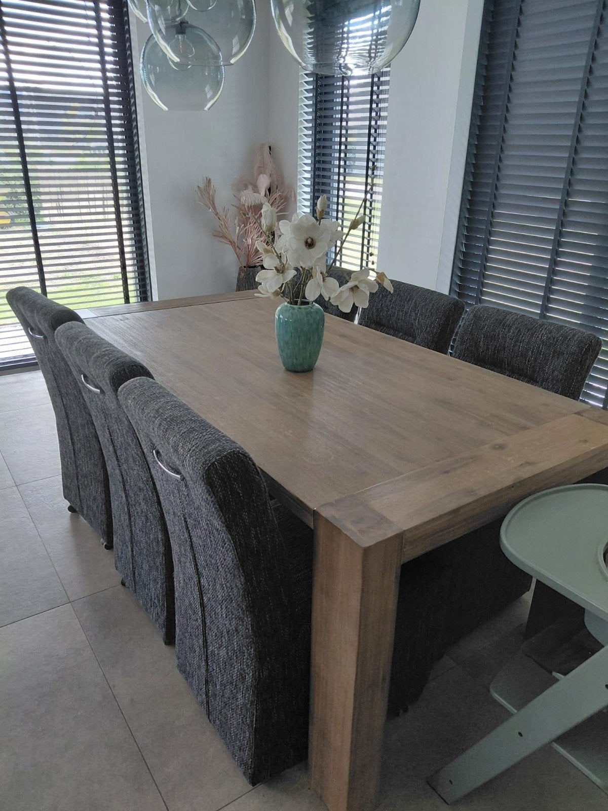 Houten eetkamertafel met 6 antracietgrijze stoelen, Ophalen, Gebruikt, 50 tot 100 cm, Vijf personen of meer