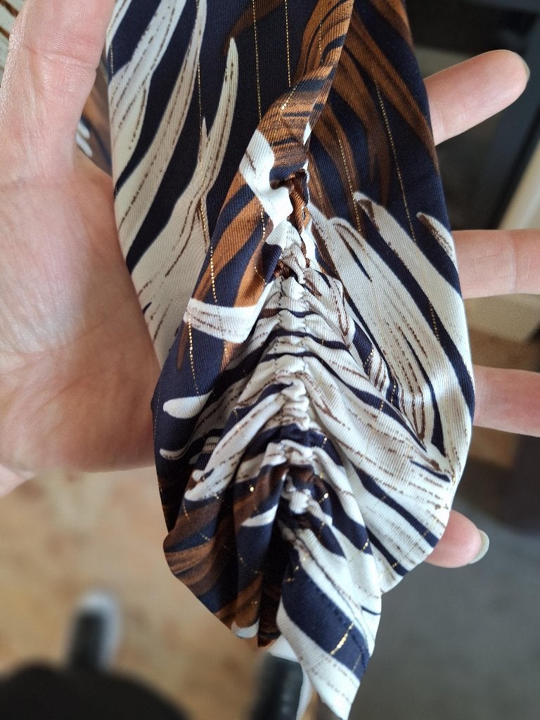 K-Design K Design blad jurk blauw bruin wit L, K-design, Maat 42/44 (L), Zo goed als nieuw, Knielengte