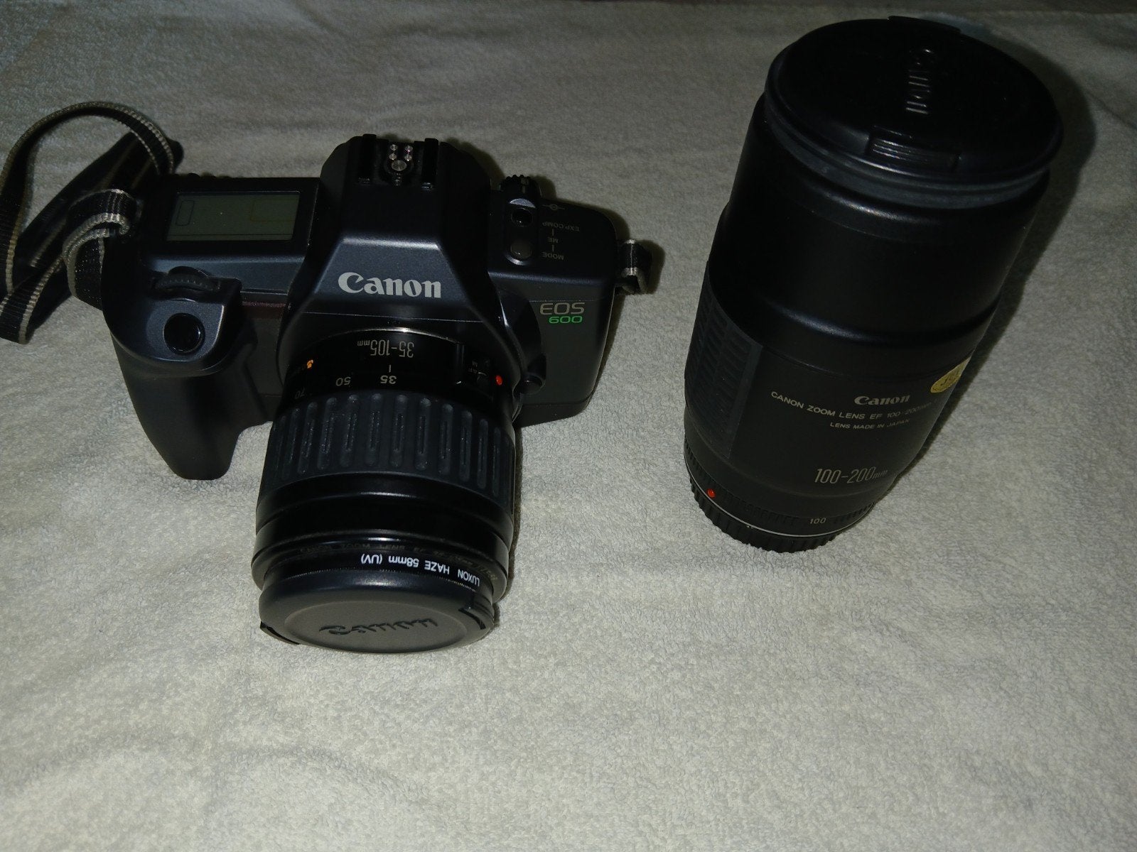 Canon EOS600 met 35-105mm en 100-200mm lenzen, flitser en ta, Verzenden, Gebruikt
