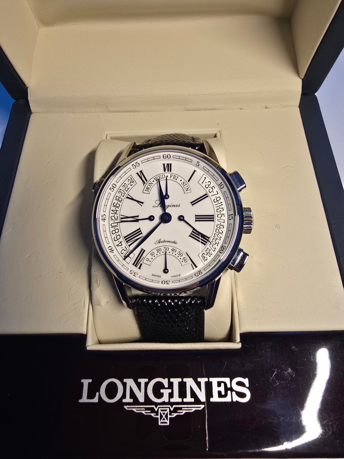 Longines Heritage Retrograde L4.797.4.71.2, Overige merken, Leer, Staal, Polshorloge