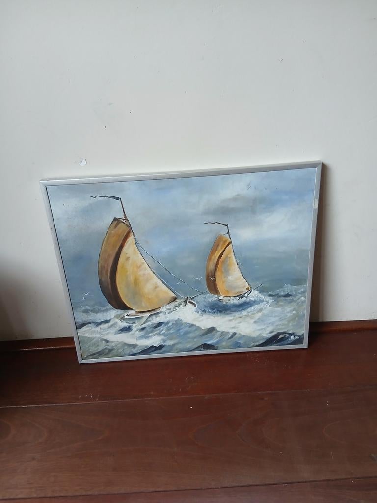 Schilderij: Zeilboten op woelige zee, Ophalen of Verzenden