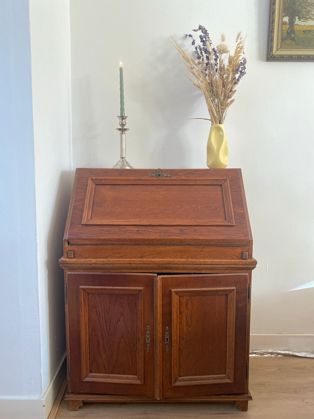 Vintage Eiken Secretaire Bureau met Opbergruimte, Ophalen