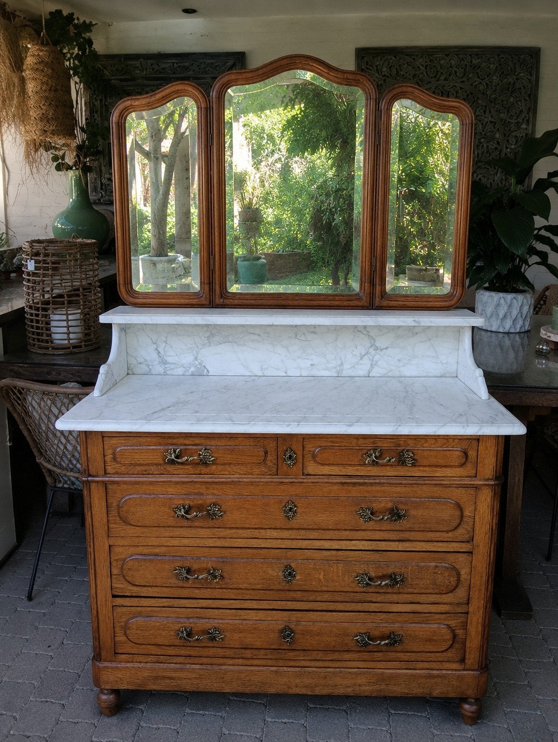 Antieke commode badkamermeubel wastafel baby marmer blad vin, Ophalen