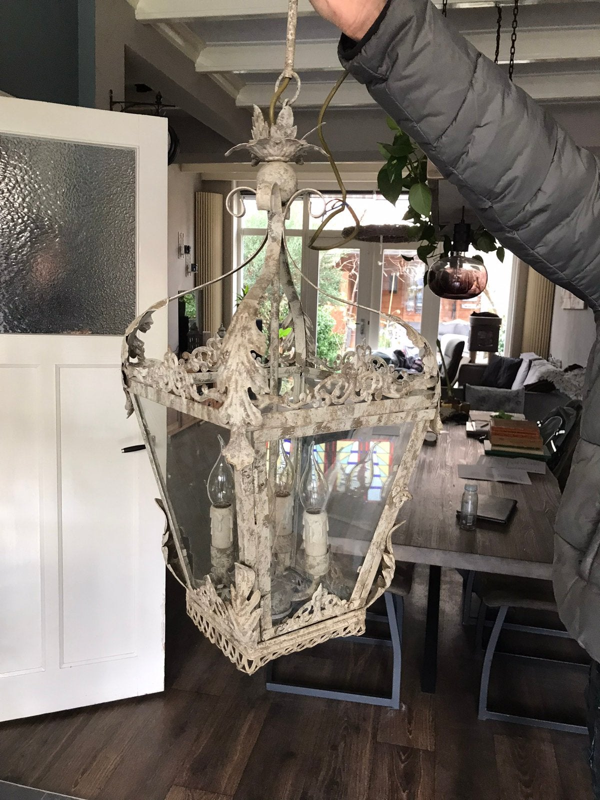 Brocante hanglamp met 4 kaarsfittingen, Ophalen, E14 (klein), Zo goed als nieuw, Glas