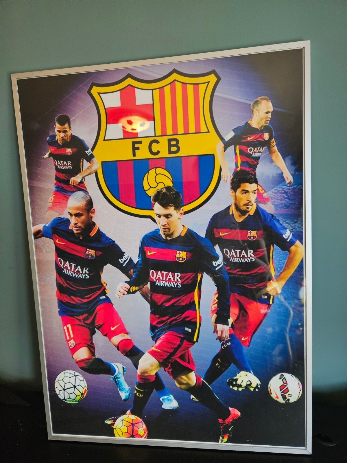 FC Barcelona Poster met Messi, Neymar, Suarez, Iniesta, Ophalen, 50 – 75, Gebruikt, Foto of Poster