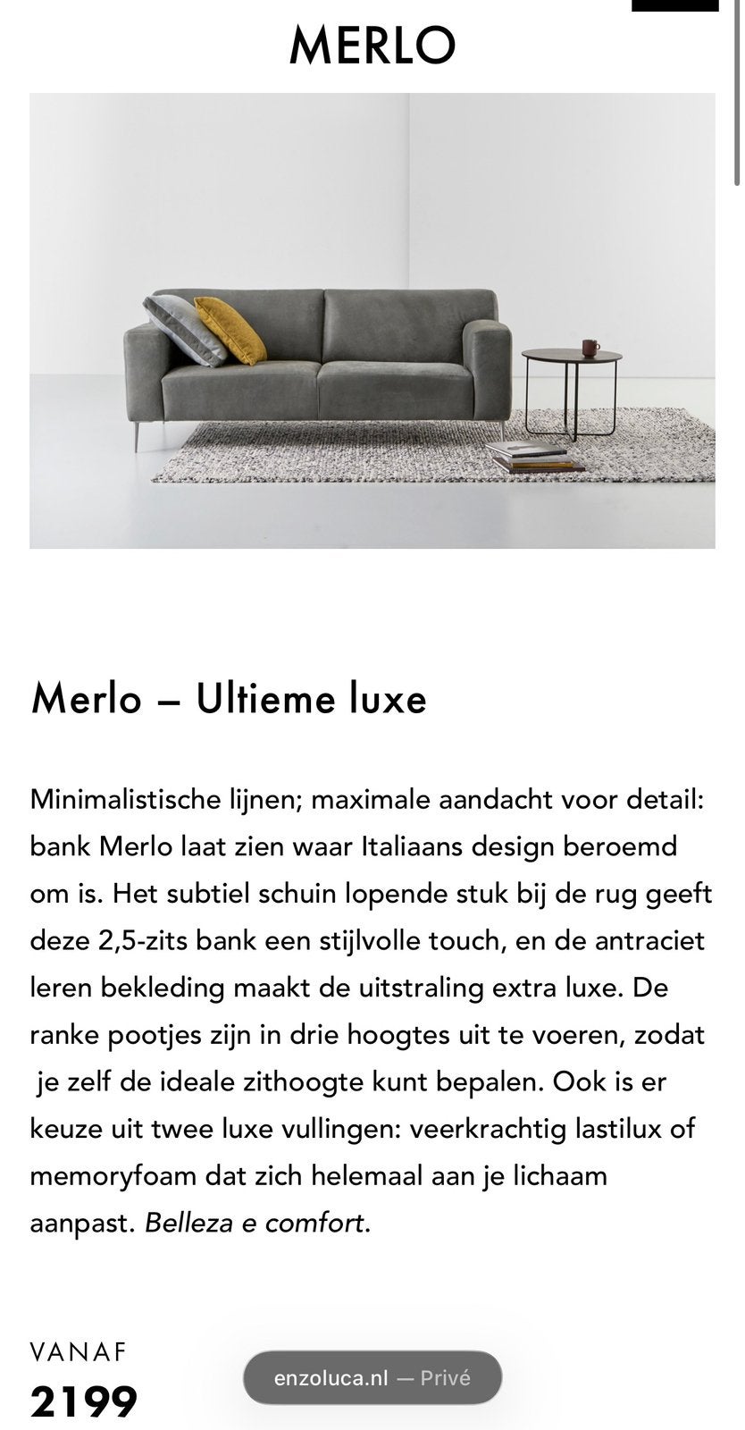 Mooie leren Enzo Luca bank ~ Merlo te koop, Ophalen, 150 tot 200 cm, Tweepersoons, Zo goed als nieuw
