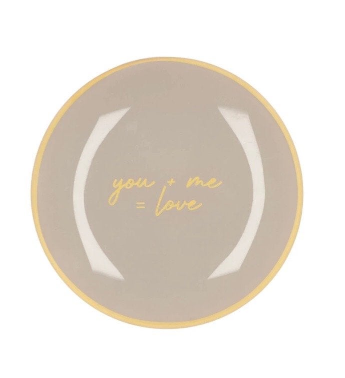 Glazen bordje 'You + Me = Love' - Grijs met Goud, Ophalen of Verzenden, Zo goed als nieuw, Glas, Bord(en)