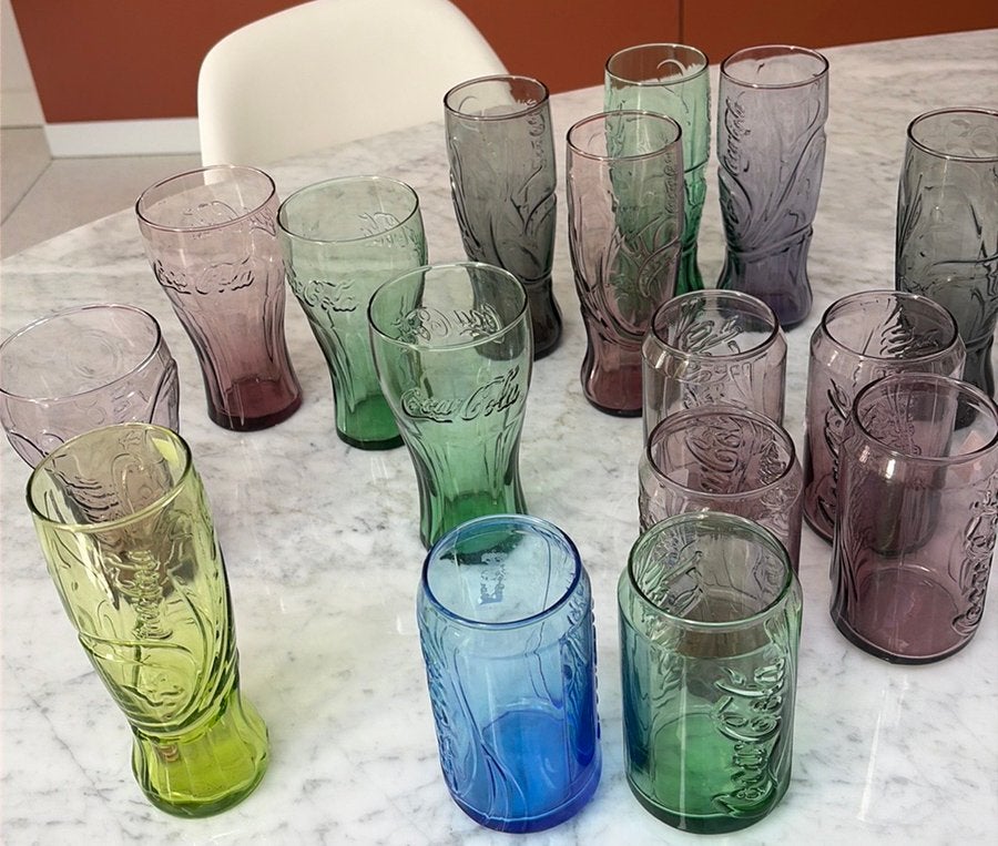 Coca Cola glas collectors item 16x  lila blauw groen grijs, Ophalen of Verzenden, Zo goed als nieuw, Frisdrankglas