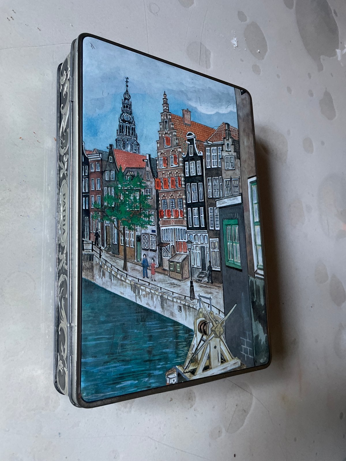 Vintage Patria Blikken Trommel Amsterdam Grachtenhuisjes, Ophalen of Verzenden, Gebruikt, Koek(jes), Overige merken