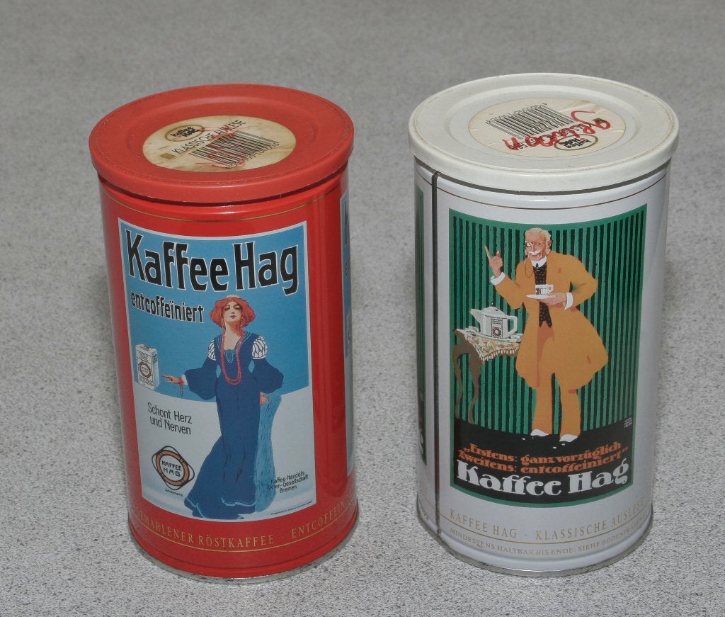 2 koffieblikken Kaffee Hag  € 4.50  voor de set., Verzamelen, Blikken, Ophalen of Verzenden, Gebruikt, Koffie, Overige merken