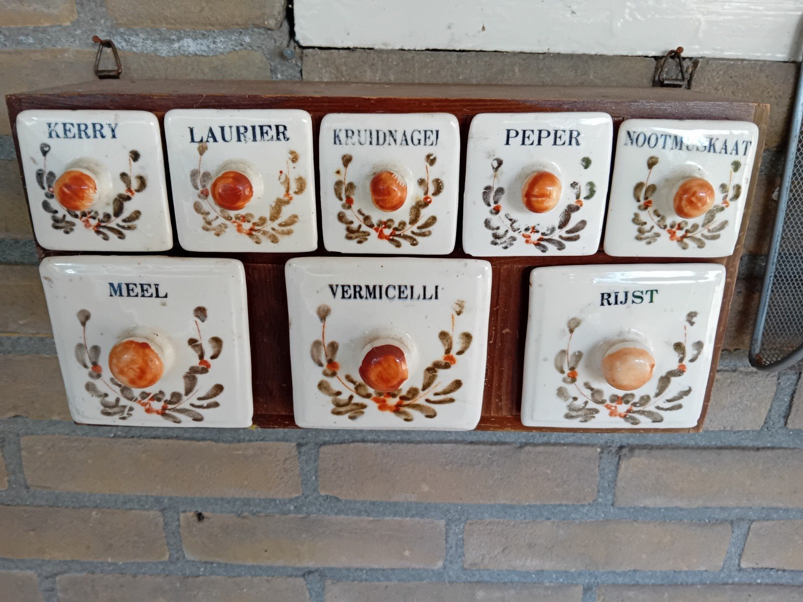 Vintage kruidenrek met keramische lades, Antiek en Kunst, Ophalen of Verzenden
