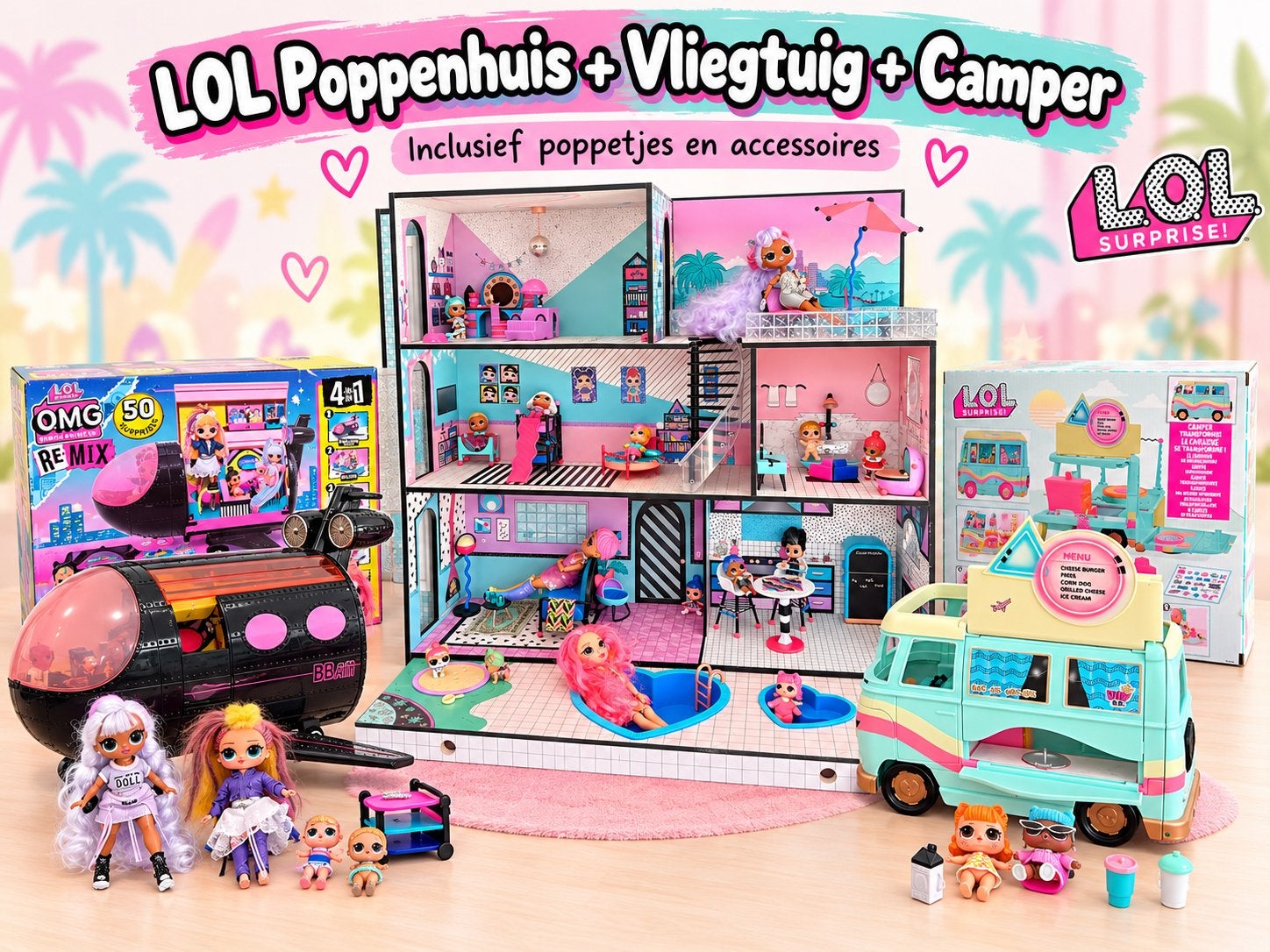 Poppenhuis + vliegtuig + camper met poppen - LOL, Kinderen en Baby's, Ophalen, Gebruikt, Poppenhuis