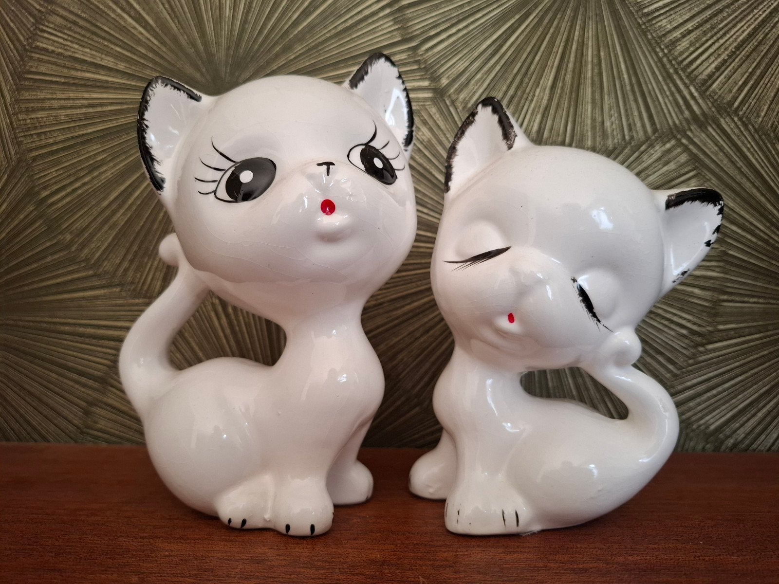 Vintage keramieken kattenbeeldjes – set van 2, Ophalen of Verzenden, Gebruikt, Dier