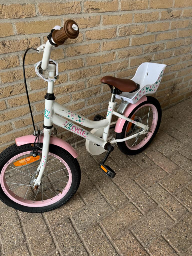 Kinderfiets 16 inch wit/roze met poppenstoeltje, Fietsen en Brommers, Ophalen, Zo goed als nieuw, Velgrem, 16 tot 20 inch