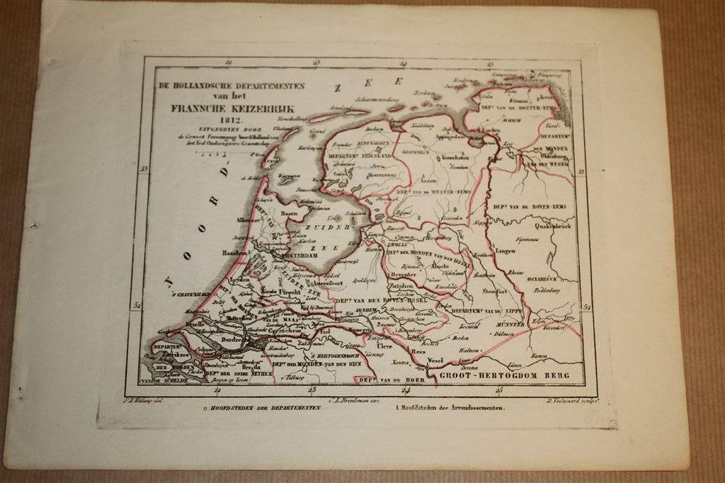 Antieke kaart - Holl. departementen Fransche Keizerrijk 1812, Gelezen, Ophalen of Verzenden, Landkaart, 1800 tot 2000