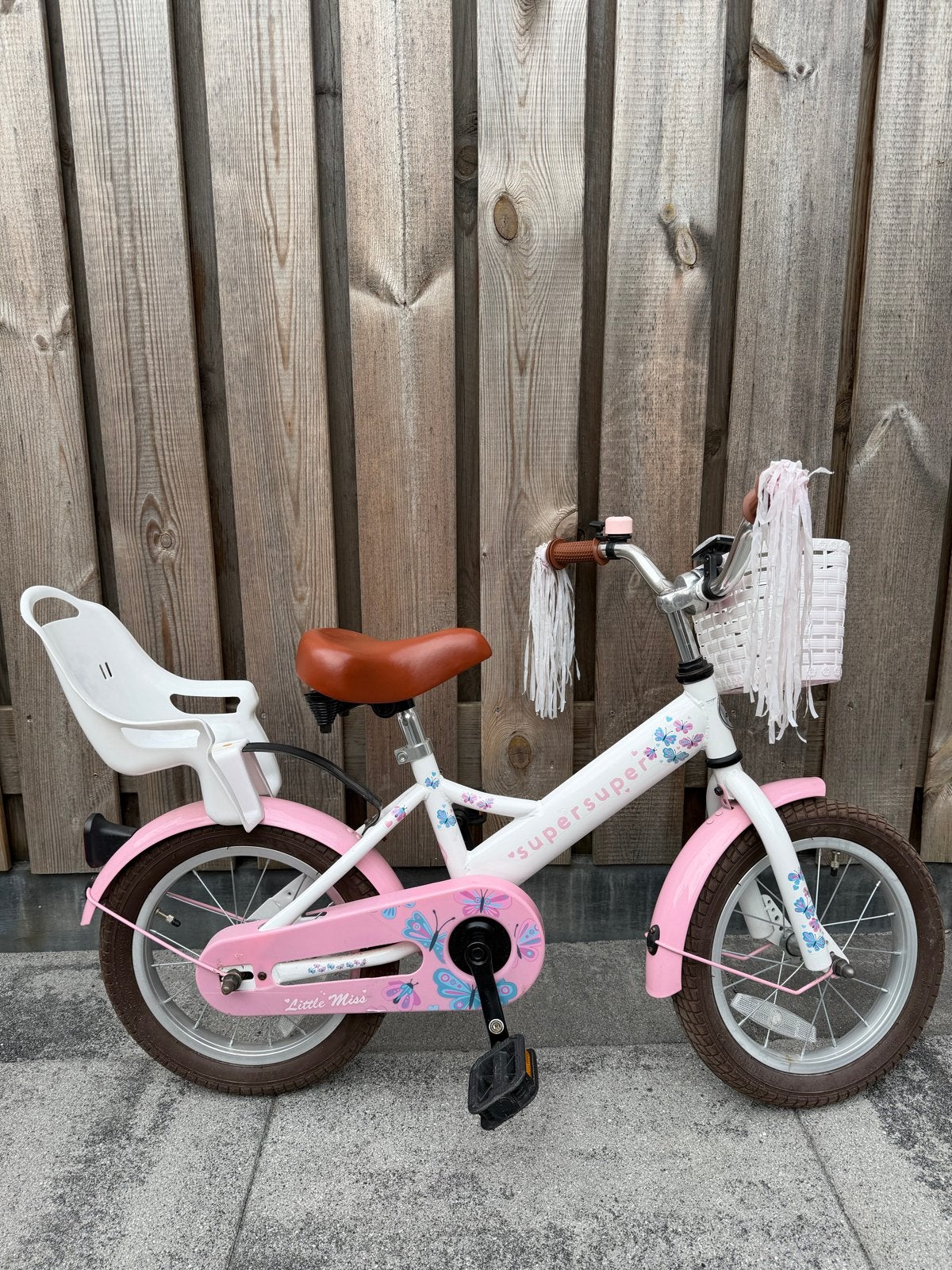 Supersuper Little Miss 16 inch Kinderfiets Meisjes Wit/Roze, Ophalen, Zo goed als nieuw, Terugtraprem, 16 tot 20 inch