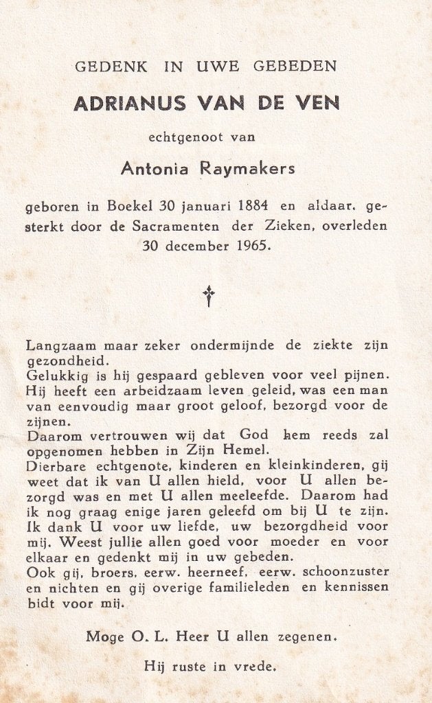 Ven Adrianus 1884 Boekel 1965, Verzamelen, Ophalen of Verzenden, Bidprentje