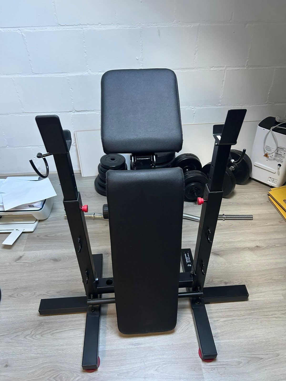Verstelbare Halterbank met stang en gewichten, Sport en Fitness, Ophalen of Verzenden, Zo goed als nieuw, Fitnessbank