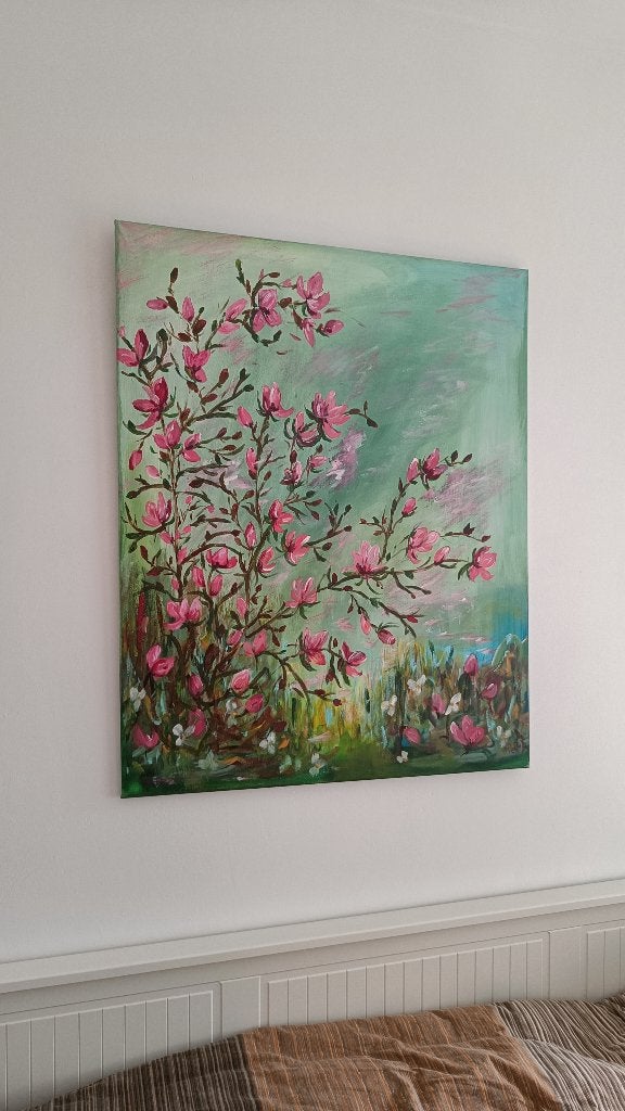 Magnolia canvas schilderij (100 x 80 cm, acrylverf), Ophalen, Acrylverf, Ophangklaar, Bloemen