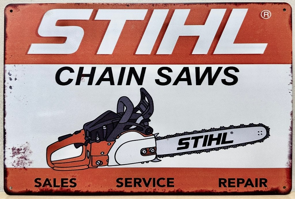 Stihl Kettingzaag logo reclamebord van metaal wandbord deco, Reclamebord, Info@deconoord.nl, Deco Noord, Nieuw