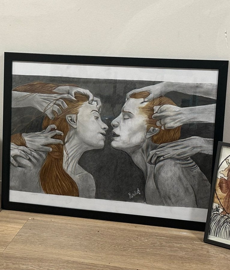 Groot handgemaakt kunstwerk, Ophalen of Verzenden, Tekening, Gemengde techniek, Ingelijst
