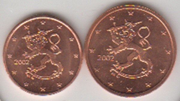 Finland 1 en 2 eurocent 2002 beide UNC, Postzegels en Munten, Munten | Europa | Euromunten, Setje, Overige waardes, Finland, Ophalen of Verzenden