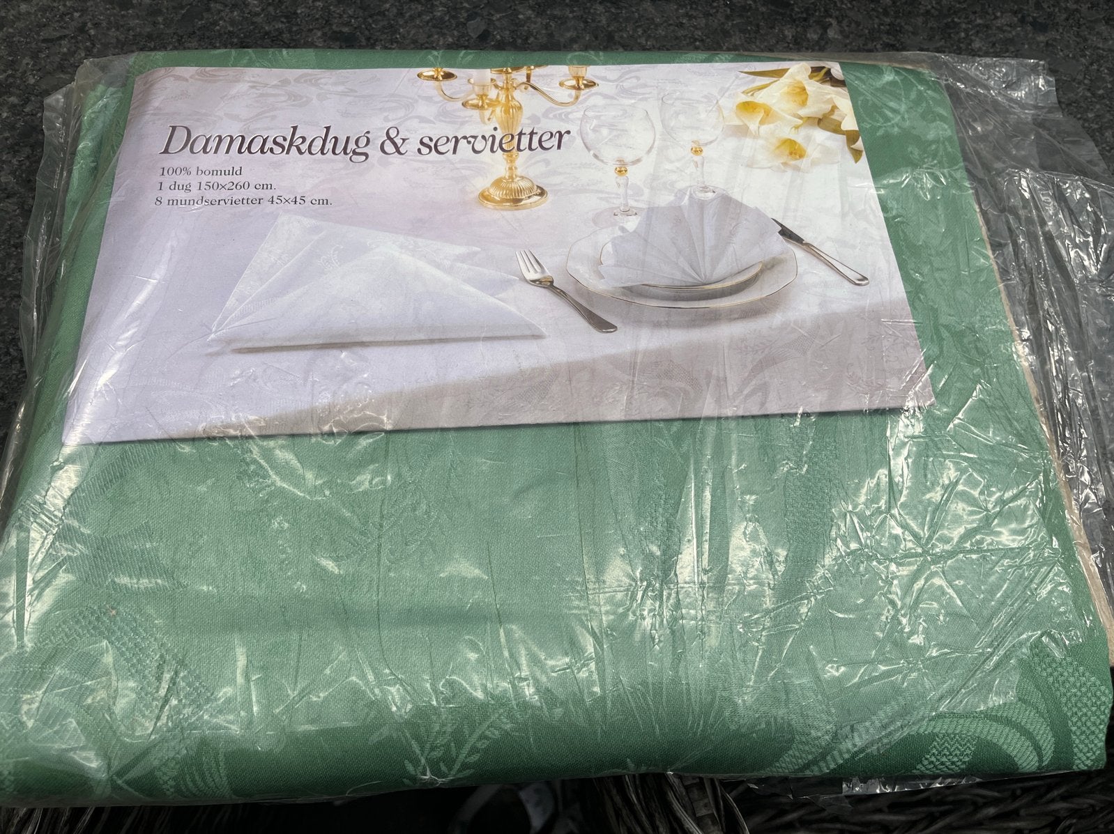 Damast tafelkleed met servetten - Groen, 150x260 cm, Inclusief servetten, Nieuw, Ophalen of Verzenden, Katoen