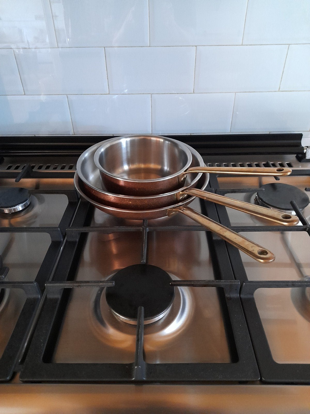 Koperen pannenset met RVS binnenkant - 3 stuks, Met handvatten, Pannenset, Ophalen of Verzenden, Koper