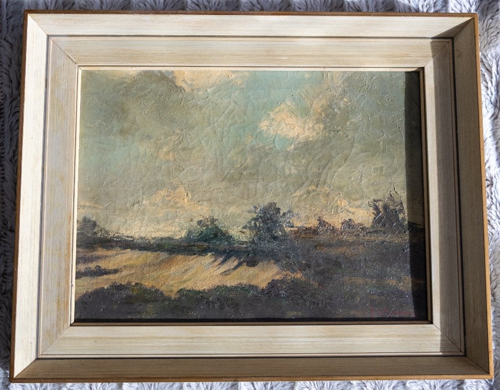 Schilderij "Zandverstuiving op de heide", Antiek en Kunst, Doek, Ophalen of Verzenden, Landschap, Olieverf