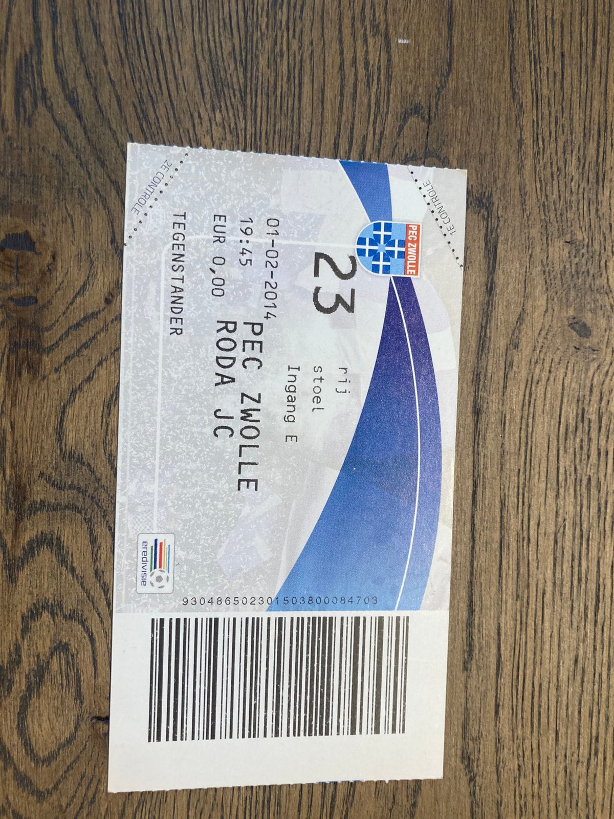 Ticket Pec Zwolle-Roda JC 13-14, Ophalen of Verzenden, Zo goed als nieuw, Overige binnenlandse clubs, Overige typen