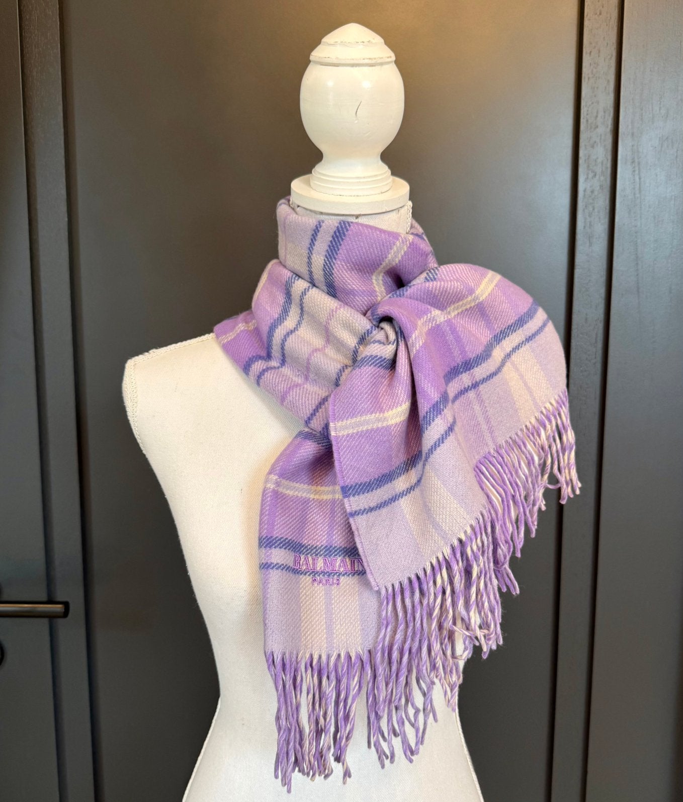 Balmain Paris lilac geruite wol mix sjaal, Kleding | Dames, Ophalen of Verzenden, Nieuw, Maat 46/48 (XL) of groter, Sjaal