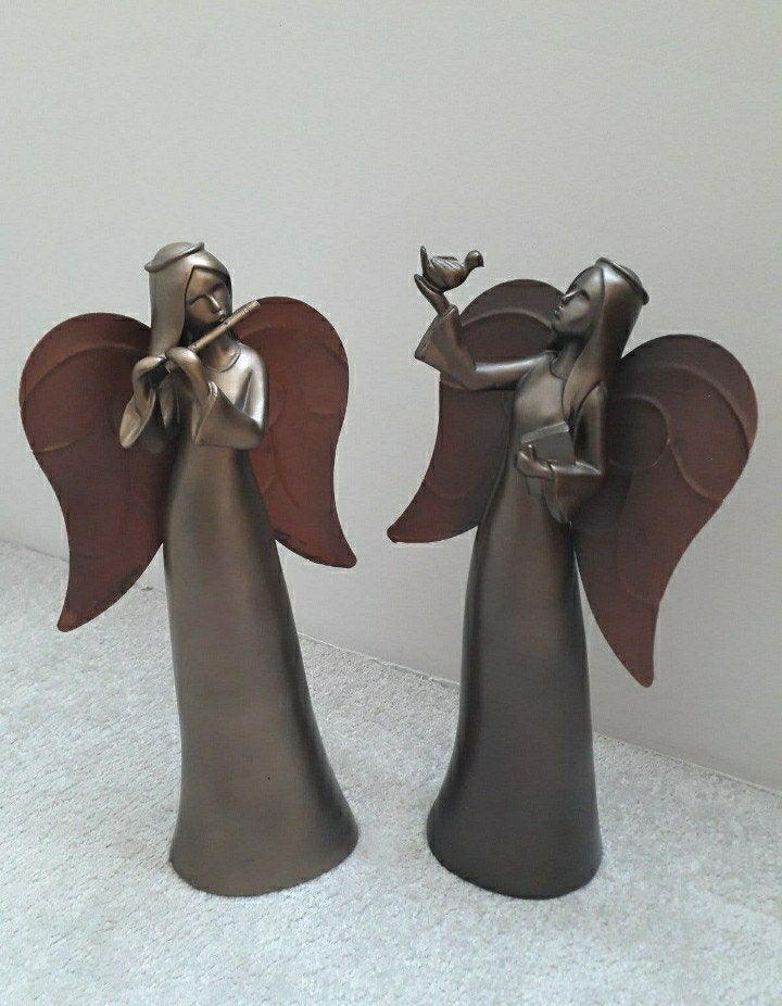 2 engelen met vogel en dwarsfluit decoratie brons goud kleur, Ophalen of Verzenden, Nieuw