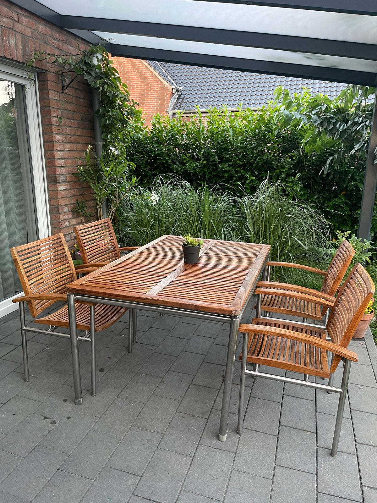 Teakhouten tuinset met 4 stoelen en tafel, Tuin en Terras, Ophalen, 4 zitplaatsen, Gebruikt, Eettafel