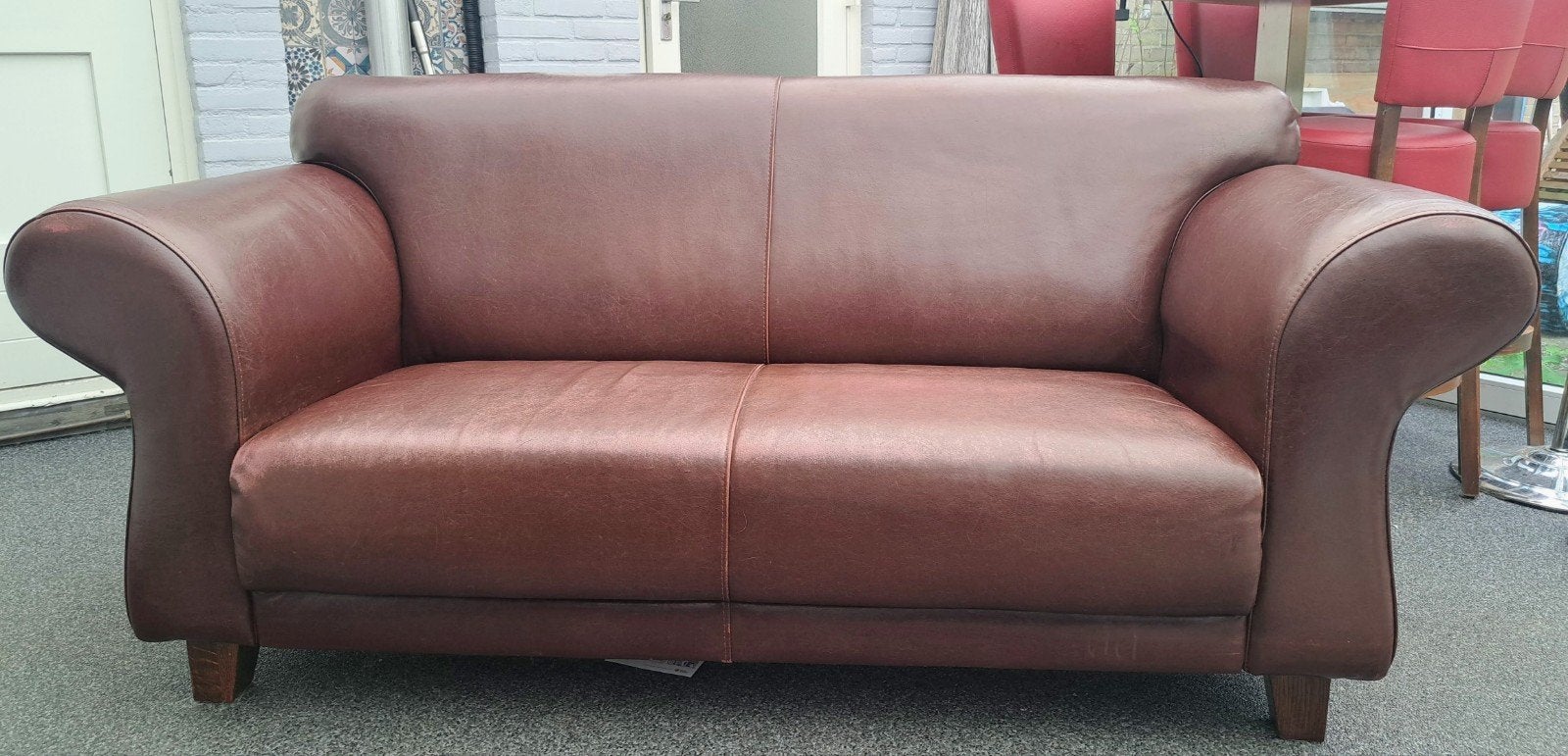 Kastanjebruine 2-zits kasteelbank van echt leer, Ophalen, Gebruikt, Tweepersoons, 75 tot 100 cm