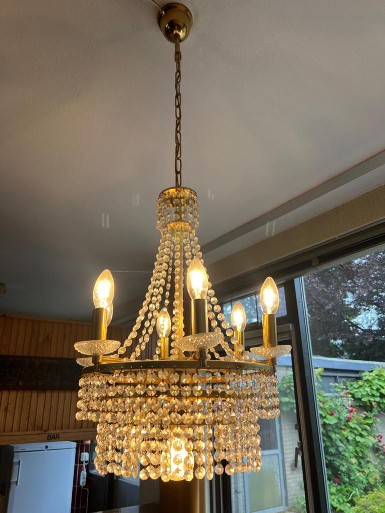 Vintage Kristallen Kroonluchter – Empire Stijl 7 lampen, Ophalen, Zo goed als nieuw
