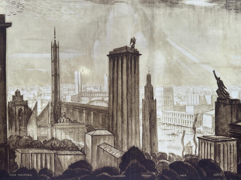 Originele print 1937 - Schets Parijs Wereldtentoonstelling, Antiek en Kunst, Kunst | Etsen en Gravures, Overige technieken, Origineel