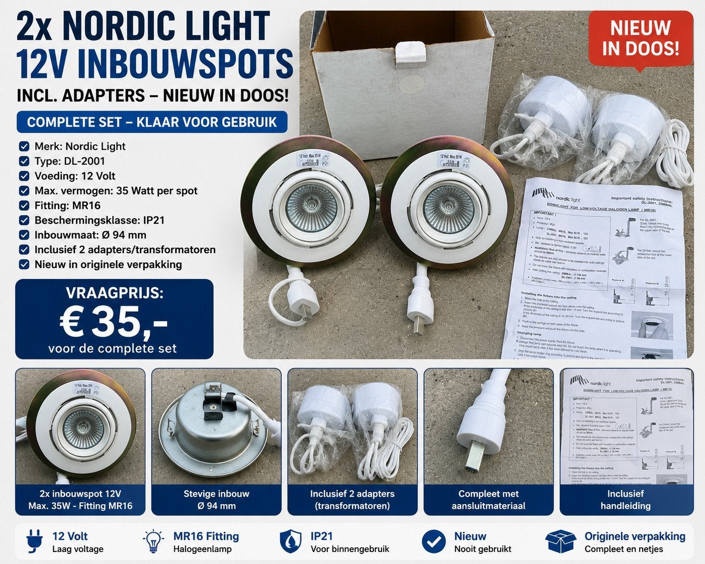 2x Nordic Light 12V Inbouwspots - Nieuw in doos + adapters, Ophalen of Verzenden, Nieuw, GU5.3, Overige merken